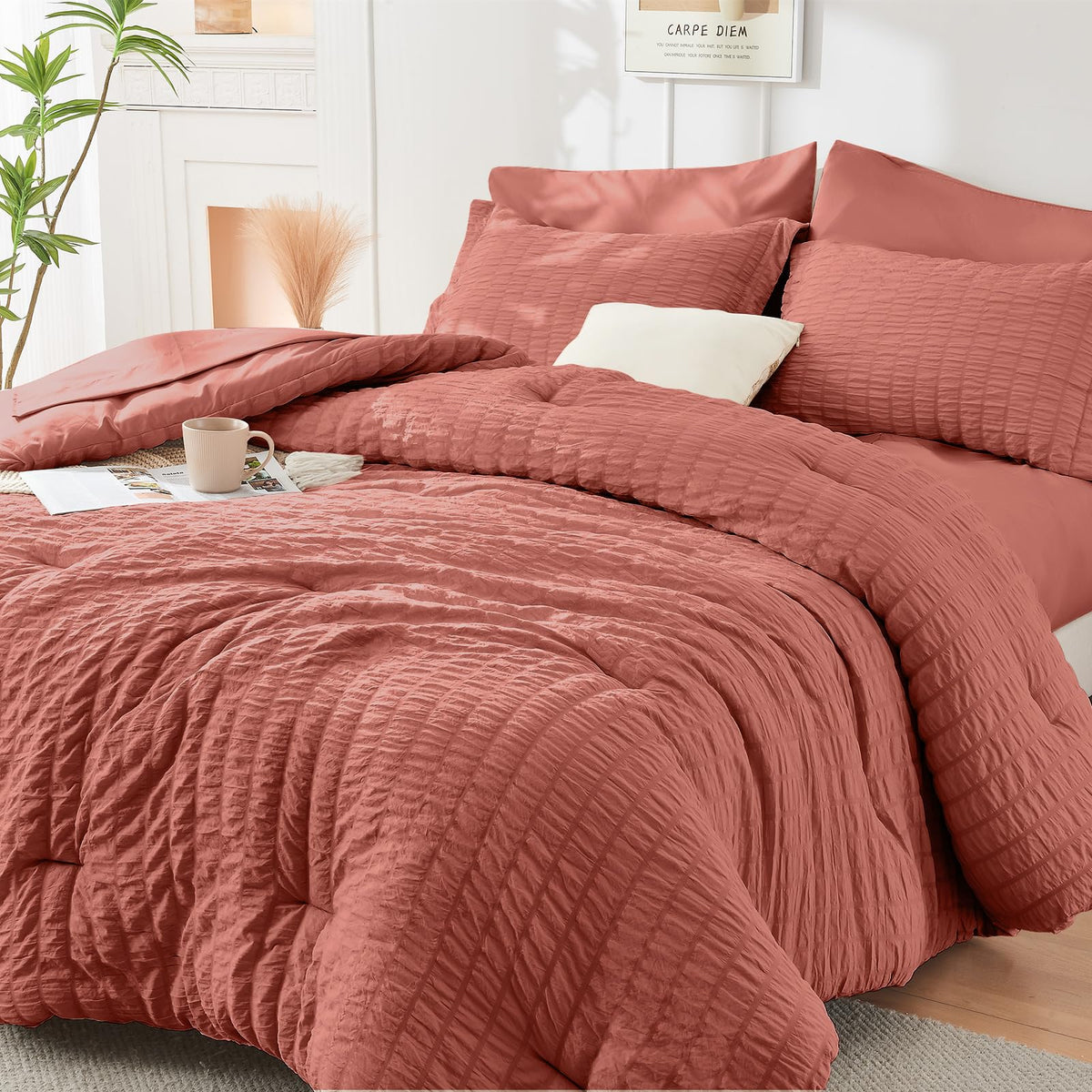 Queen Comforter Set - 7PCS Bed in a Bag, Seersucker Bedding Set, Dark Grey