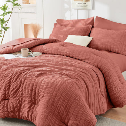 Queen Comforter Set - 7PCS Bed in a Bag, Seersucker Bedding Set, Dark Grey