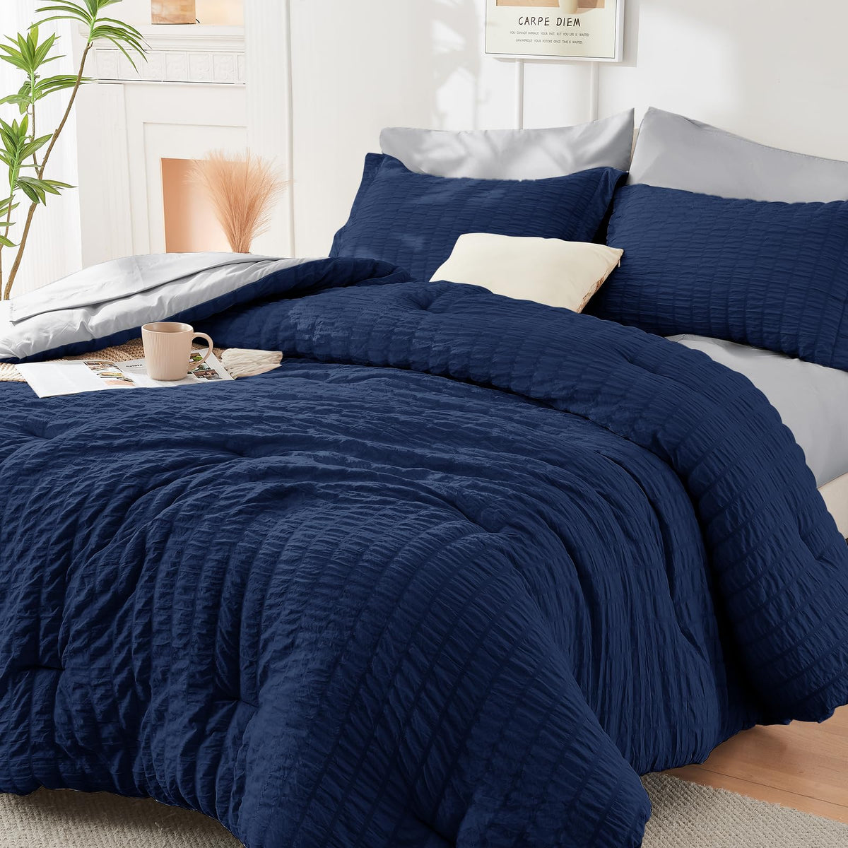King Comforter Set - 7PCS Bed in a Bag, Seersucker Bedding Set, Dark Grey