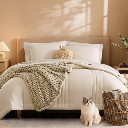 Queen Comforter Set-7 Pieces Beige Soft Bed in a Bag Queen Bedding Sets