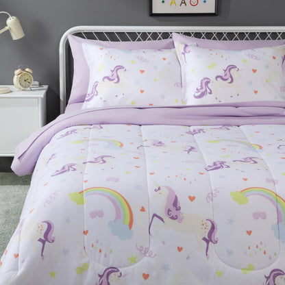 Amazon Basics 5-Piece Soft, Easy-Wash Microfiber Kid's Bed-in-a-Bag Bedding Set with Sheet and Comforter, Twin, Bluish Flowers