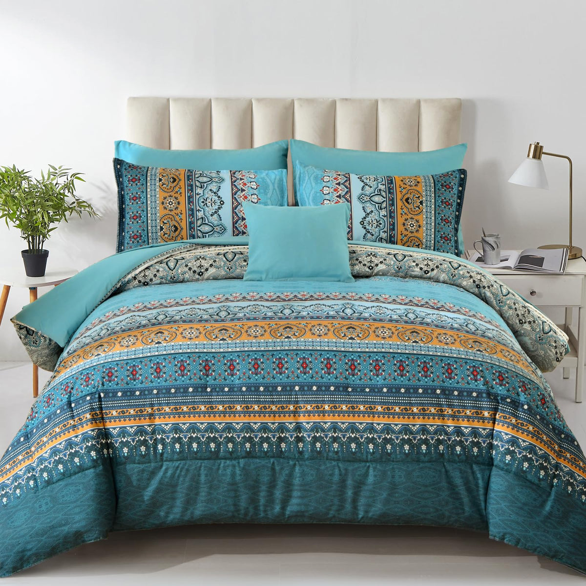Cottolester Boho Comforter Set Queen Size 8 Piece Bed in a Bag Bohemian Striped Bedding Quilt Set Aqua Paisley Floral Comforter and Sheet Set,Soft Microfiber Complete Bedding Sets for All Season