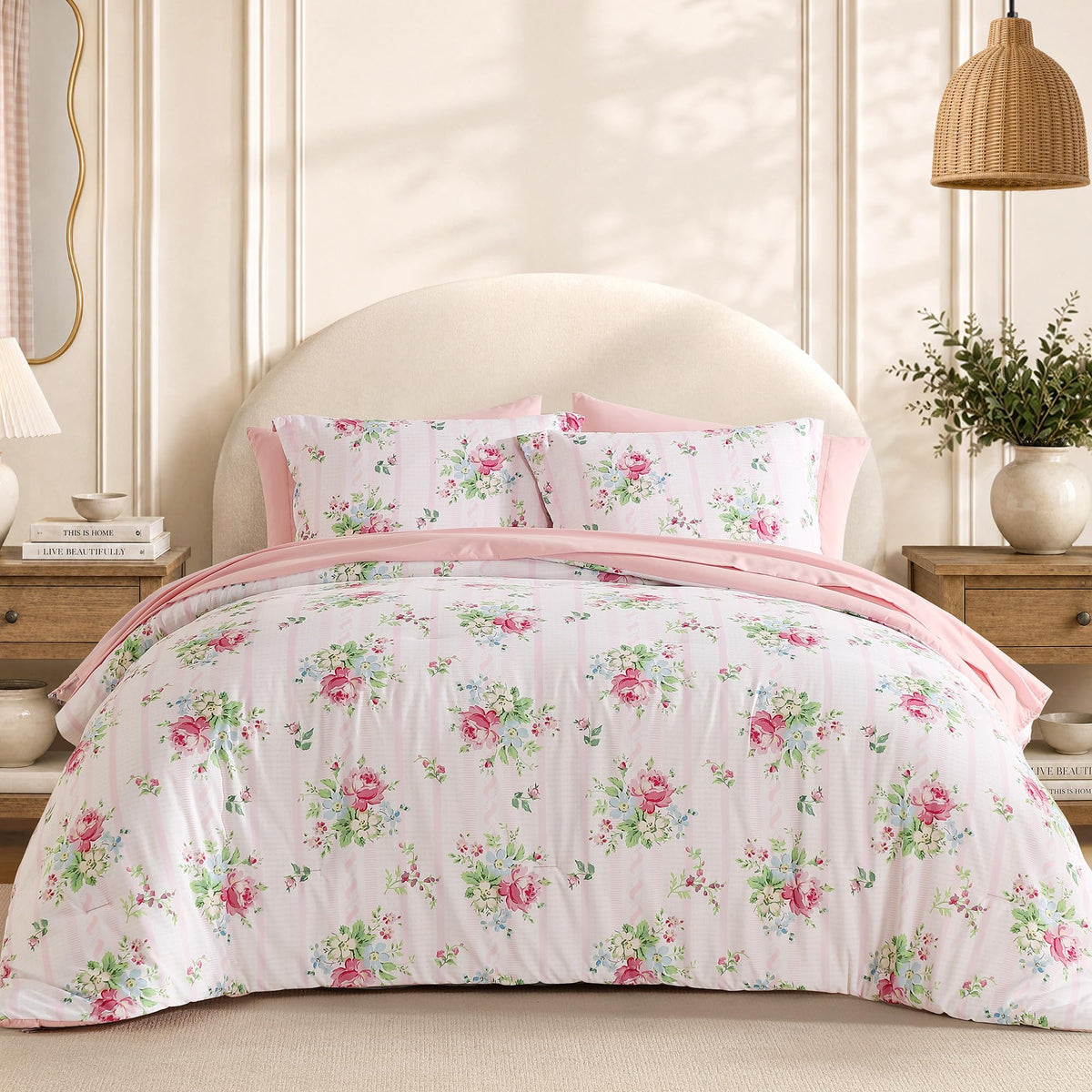 BLOOMHAVEN Queen Comforter Set-7 Pieces Blue Floral Bed in a Bag Queen
