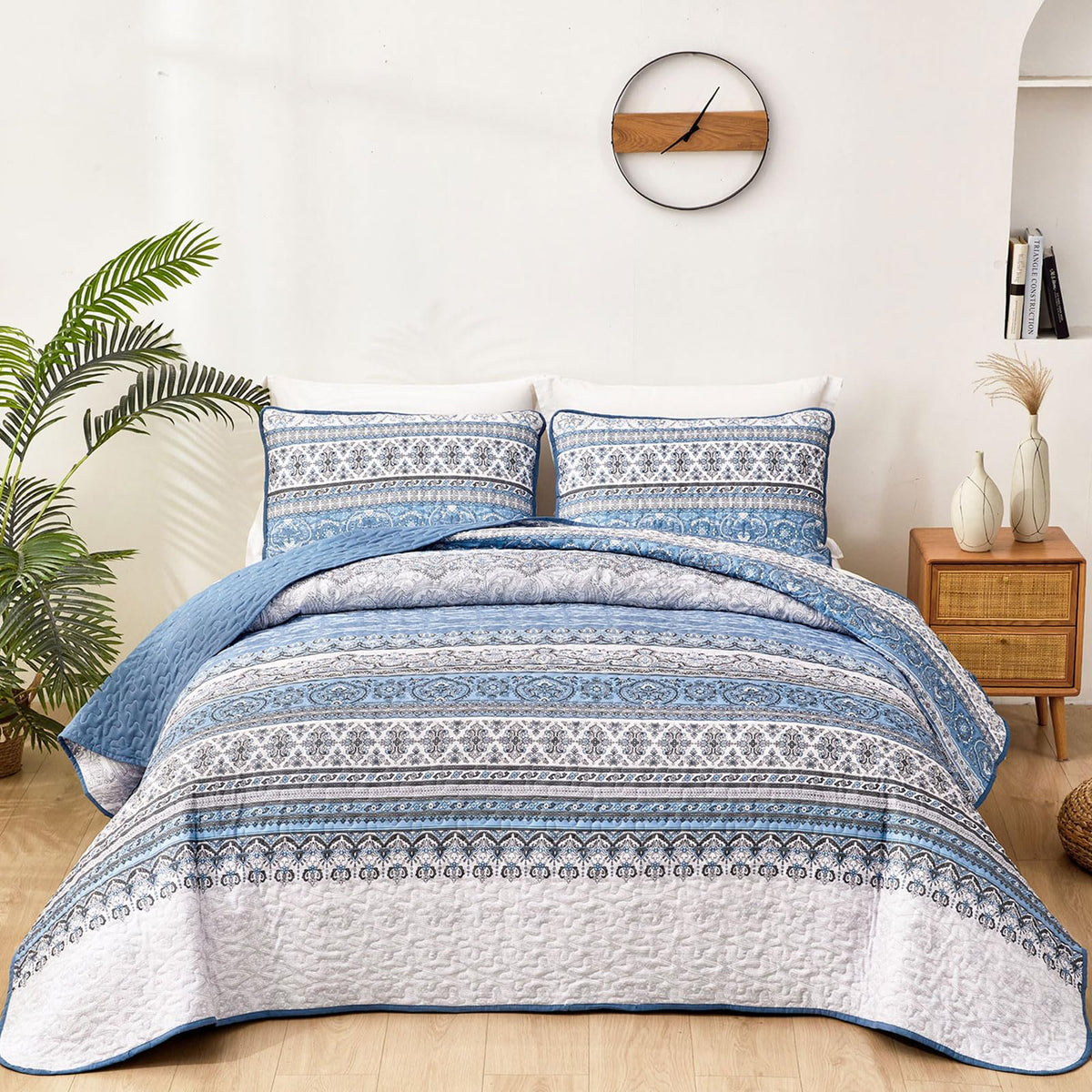 WONGS BEDDING Boho King Quilt Bedding Set, 3 Pieces Soft Bedspread,Blue
