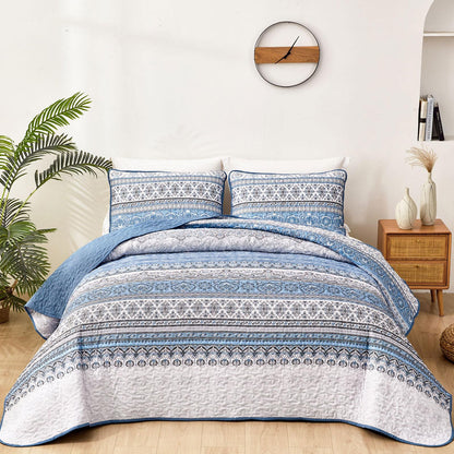 WONGS BEDDING Boho King Quilt Bedding Set, 3 Pieces Soft Bedspread,Blue