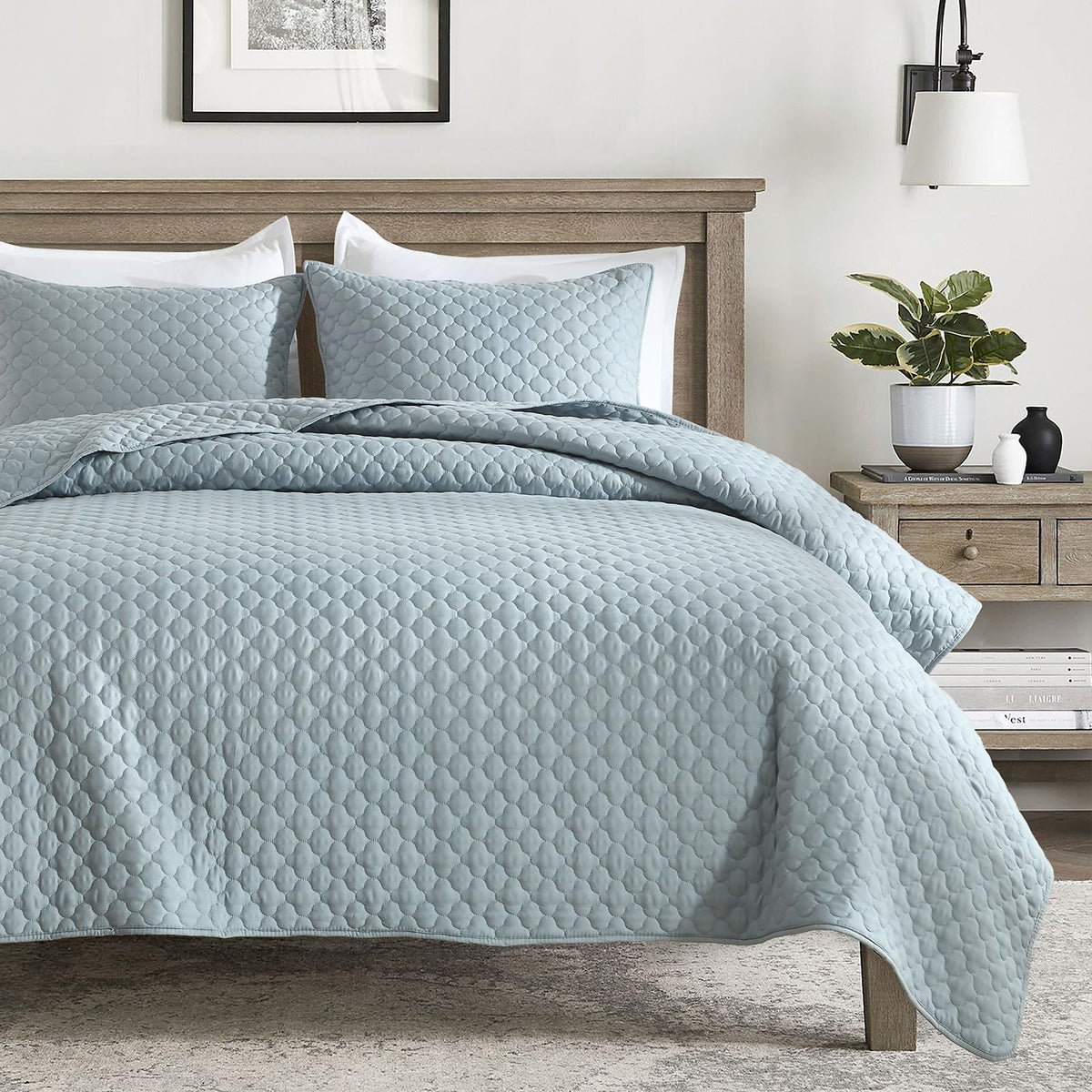 HORIMOTE HOME Quilt Queen Size Dusty Blue, Lightweight Quilts for Summer Ultra-Soft Microfiber Modern Style Quilted Clouds Pattern Bedspread Quit Set 3 Pieces(1 Quilt and 2 Pillow Shams)