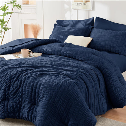 King Comforter Set - 7PCS Bed in a Bag, Seersucker Bedding Set, Dark Grey