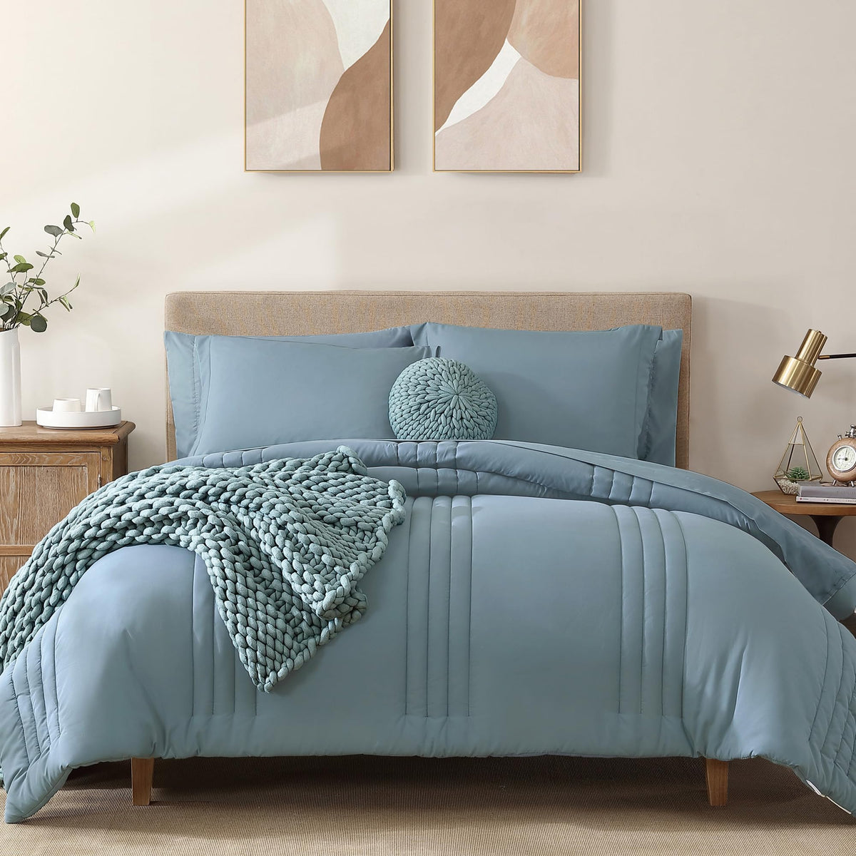 Queen Comforter Set-7 Pieces Beige Soft Bed in a Bag Queen Bedding Sets