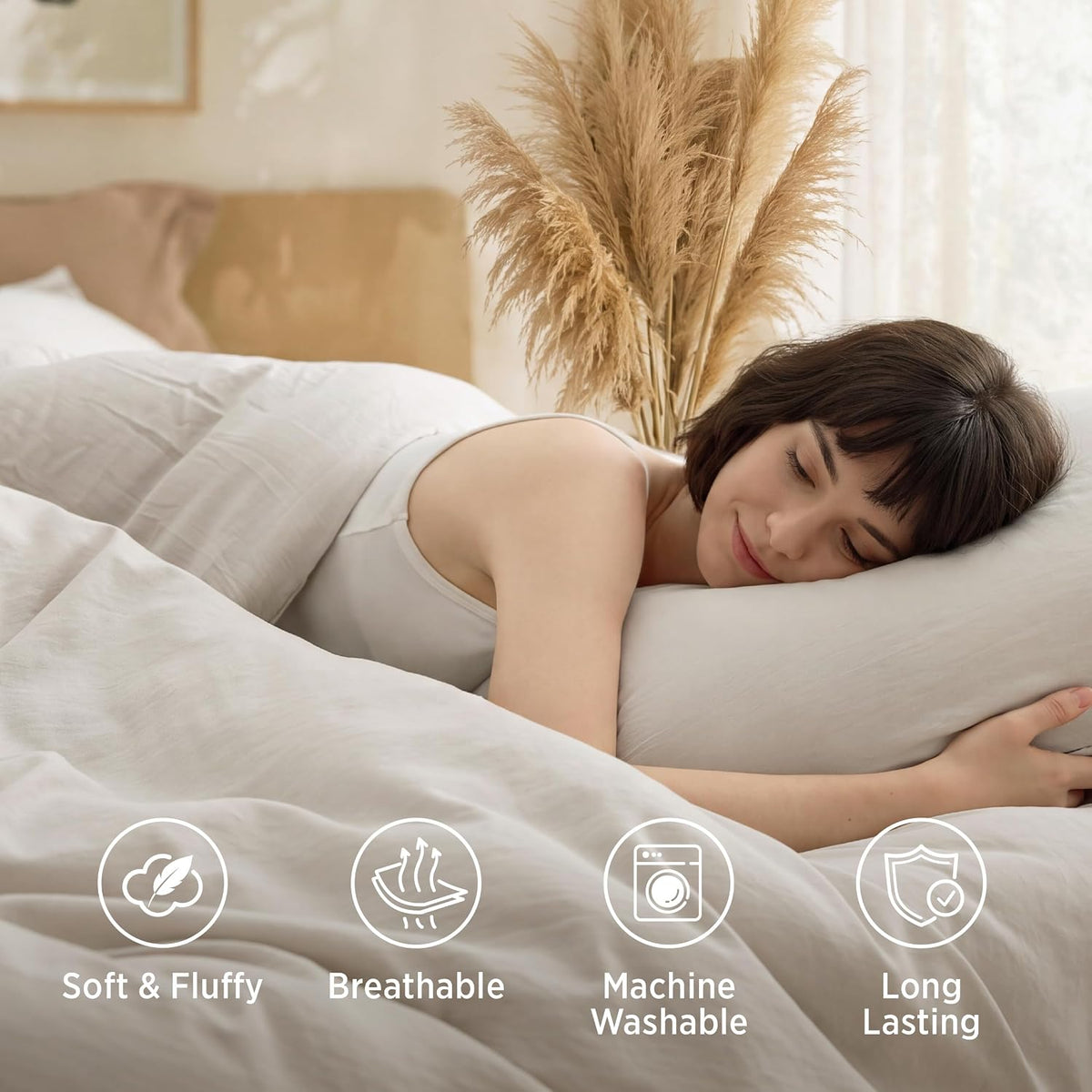 Bedsure Queen Comforter Set Prewashed Soft Bedding Set 3Pcs Beige 90"x90"