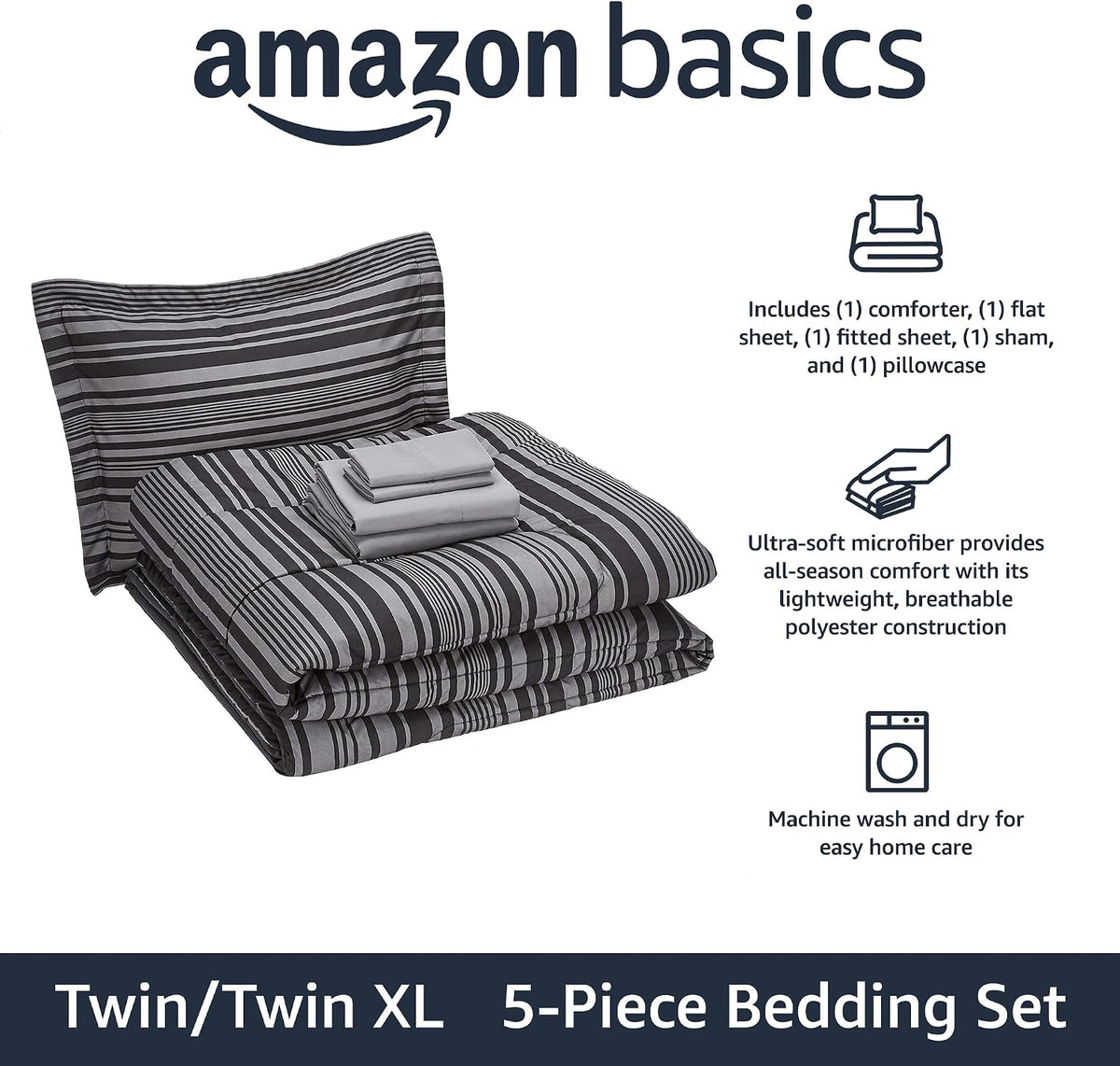 Amazon Basics 5-Piece Lightweight Microfiber Comforter Set with Sheets, Bed-in-a-Bag, Gray Calvin Striped Bedding, Twin/Twin XL