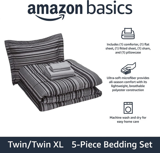 Amazon Basics 5-Piece Lightweight Microfiber Comforter Set with Sheets, Bed-in-a-Bag, Gray Calvin Striped Bedding, Twin/Twin XL