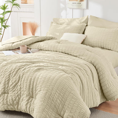 King Comforter Set - 7PCS Bed in a Bag, Seersucker Bedding Set, Dark Grey