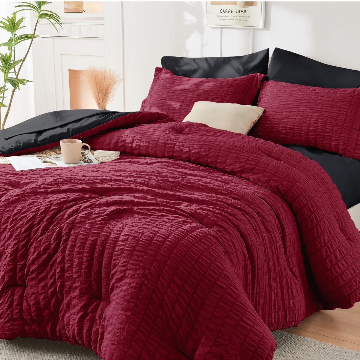 King Comforter Set - 7PCS Bed in a Bag, Seersucker Bedding Set, Dark Grey