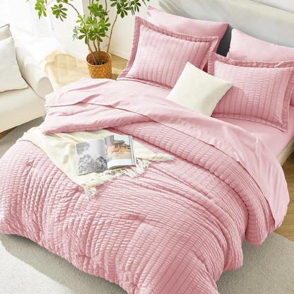HIMEET Queen Comforter Set, 7-Piece Seersucker Bed in a Bag, Beige