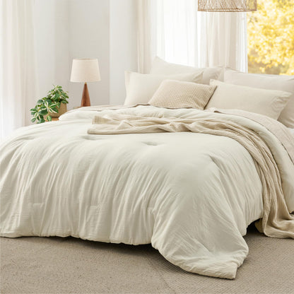 Bedsure Queen Comforter Set Prewashed Soft Bedding Set 3Pcs Beige 90"x90"