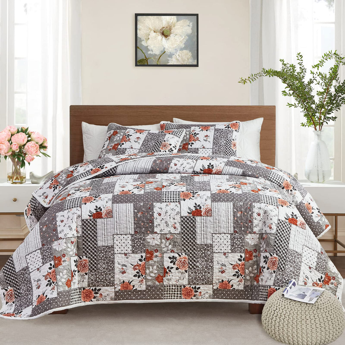 Patchwork Quilt Set Full/Queen Size, 3 Pieces Green Floral Plaid Summer Bedspread Coverlet Set, Soft Microfiber Reversible Lightweight Bed Cover for All Season (90" x 90", 1 Quilt+ 2 Pillow Shams)
