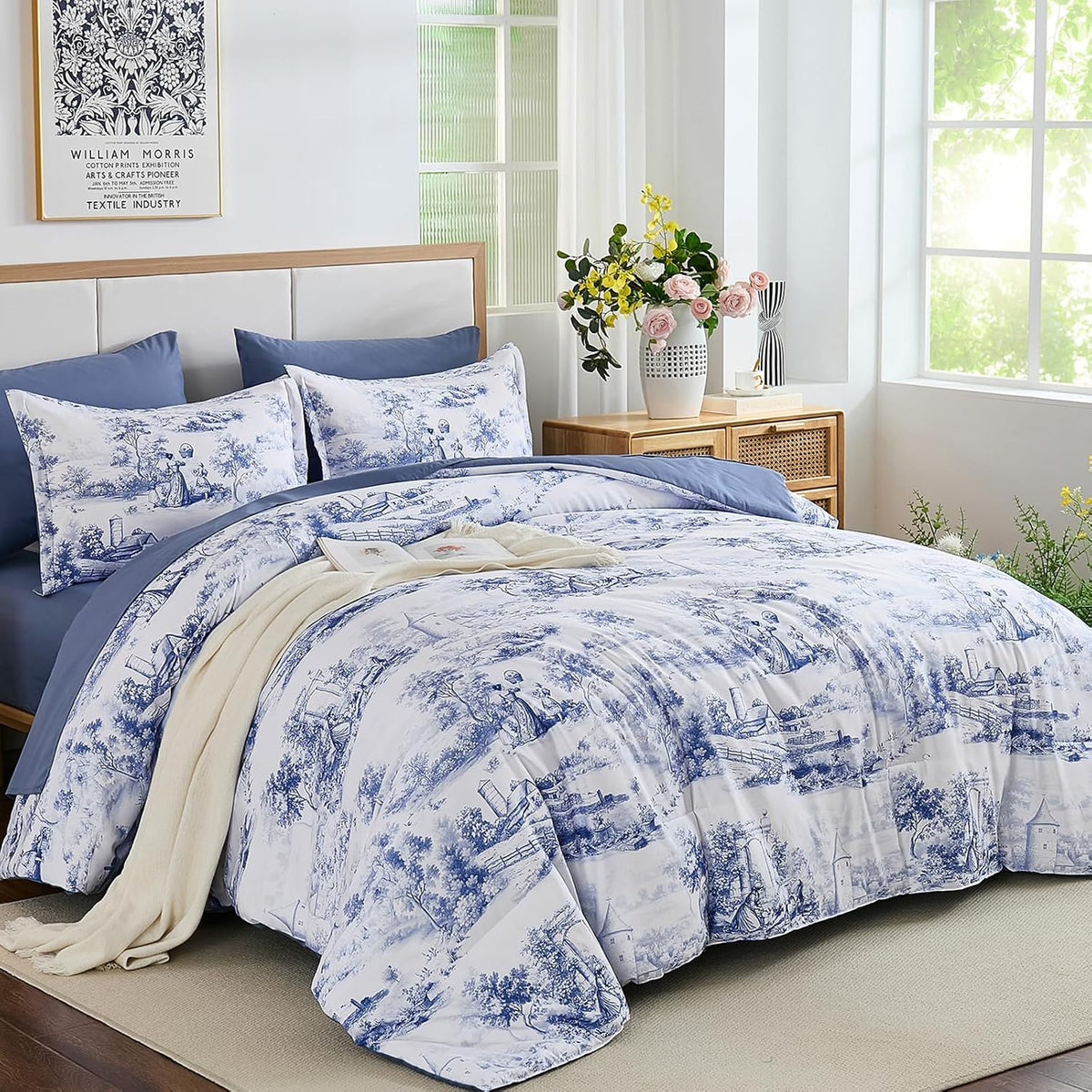 WONGS BEDDING Blue Queen Comforter Set, 7 Pieces Bed in a Bag French Toile Comforter with Sheets, Soft Lightweight Microfiber Botanical Complete Queen Size Bedding Set for All Season