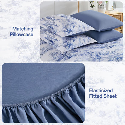 WONGS BEDDING Blue Queen Comforter Set, 7 Pieces Bed in a Bag French Toile Comforter with Sheets, Soft Lightweight Microfiber Botanical Complete Queen Size Bedding Set for All Season
