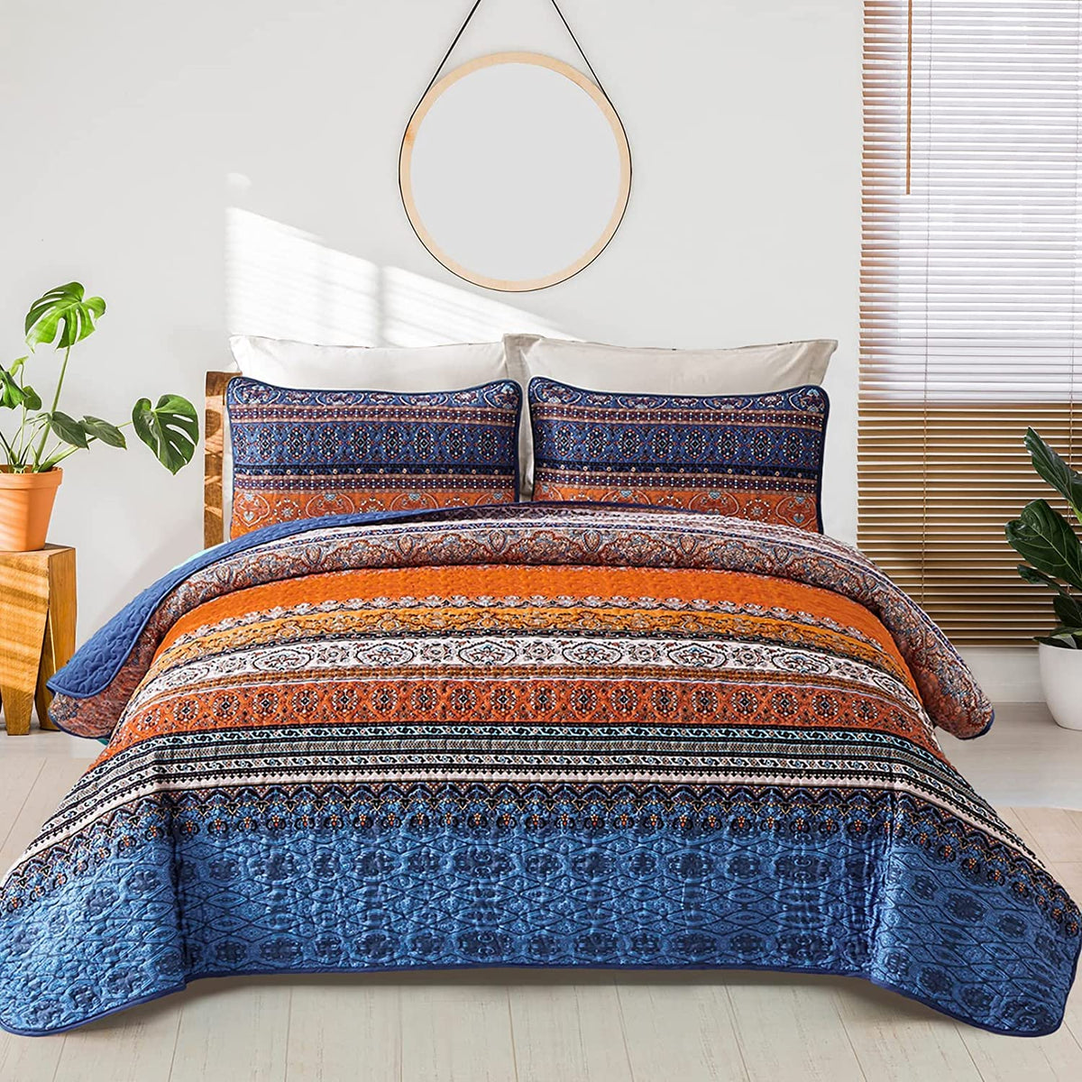 WONGS BEDDING Boho King Quilt Bedding Set, 3 Pieces Soft Bedspread,Blue