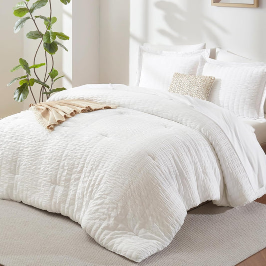 CozyLux Queen Comforter Set, 7 Pieces White Seersucker Bed in a Bag