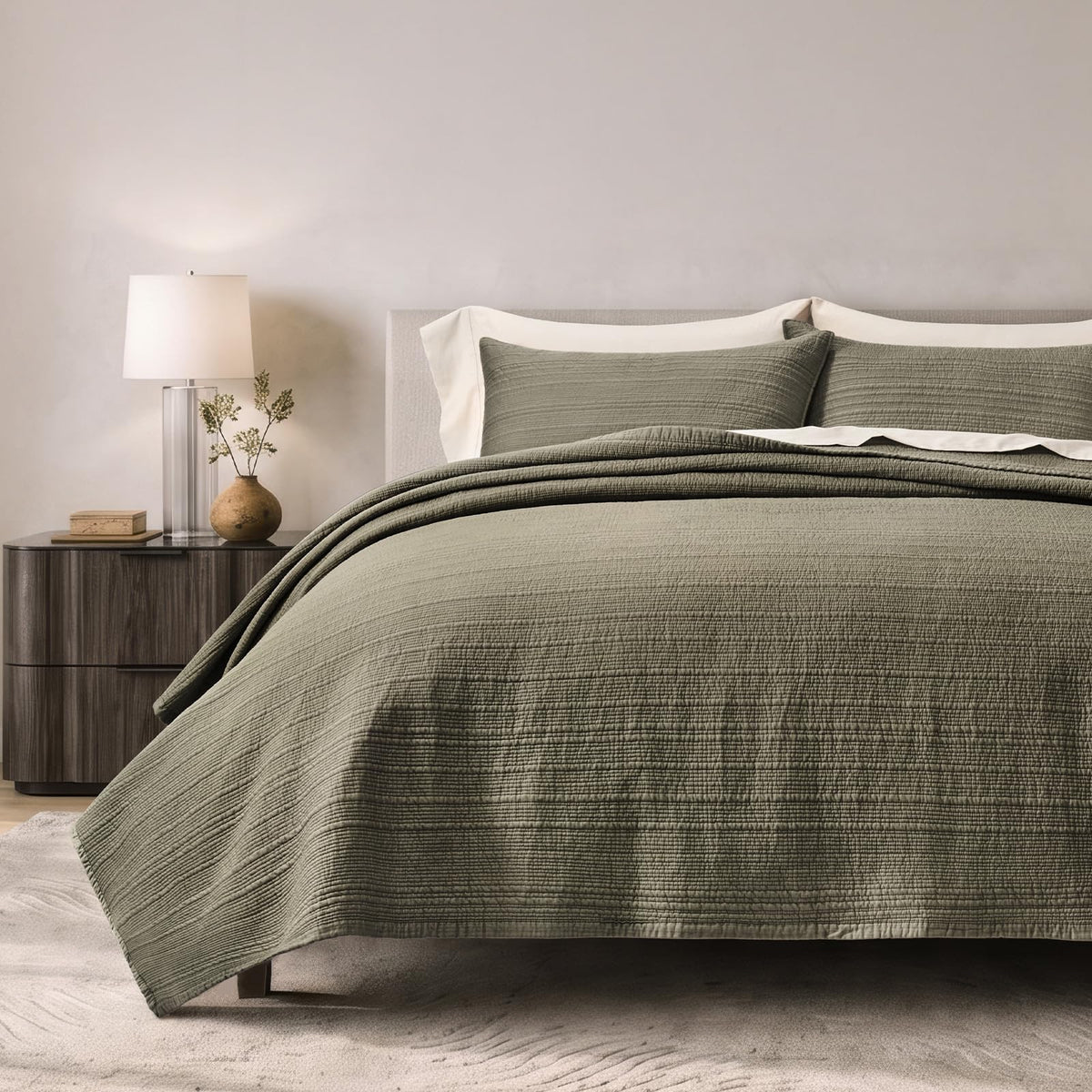 EVERGRACEHOME Cotton Sateen Channel Quilt Set, King Size, Bright White