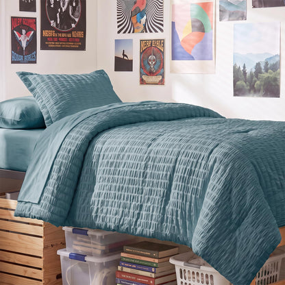 CozyLux Queen Comforter Set, 7 Pieces White Seersucker Bed in a Bag
