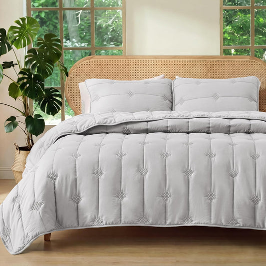Bedsure Lightweight Comforter Queen Size – Extra Soft & Breathable Quilt Set, 3 Piece Prewashed Cotton-Like Polyester Bedding, Includes 1 Quilt 90x96 Inches with 2 Shams, Machine Washable, Light Grey