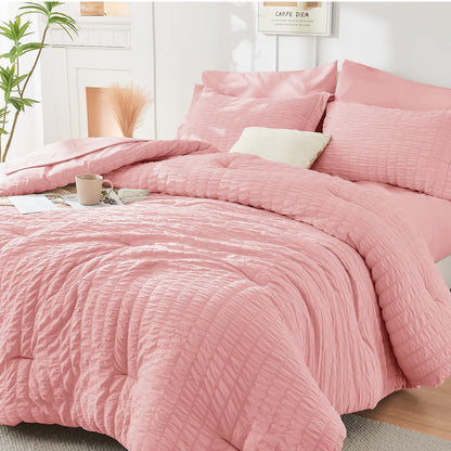 King Comforter Set - 7PCS Bed in a Bag, Seersucker Bedding Set, Dark Grey