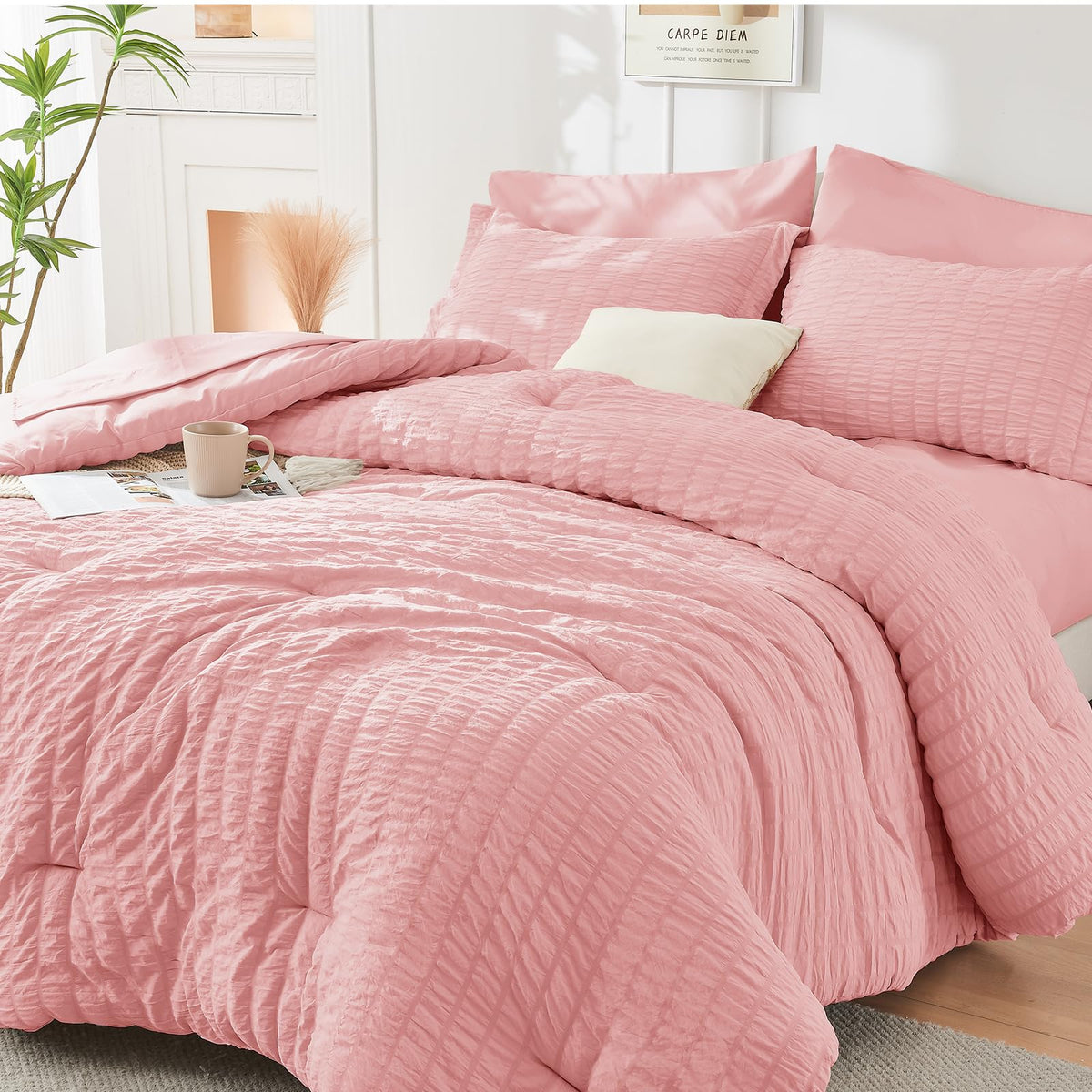 Queen Comforter Set - 7PCS Bed in a Bag, Seersucker Bedding Set, Dark Grey