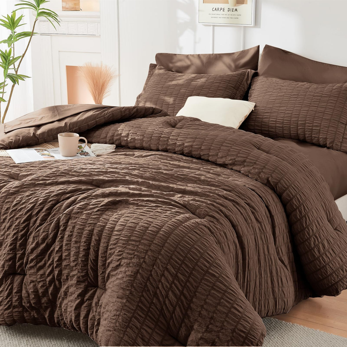 Queen Comforter Set - 7PCS Bed in a Bag, Seersucker Bedding Set, Dark Grey