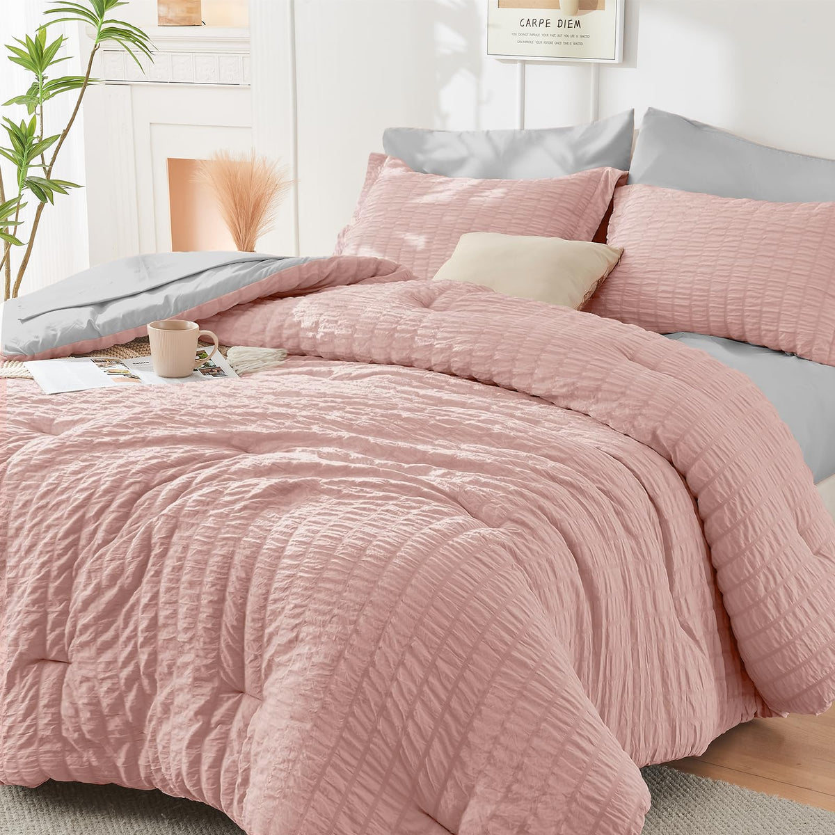 Queen Comforter Set - 7PCS Bed in a Bag, Seersucker Bedding Set, Dark Grey