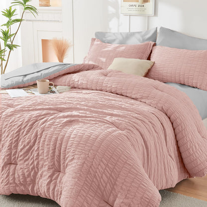 Queen Comforter Set - 7PCS Bed in a Bag, Seersucker Bedding Set, Dark Grey