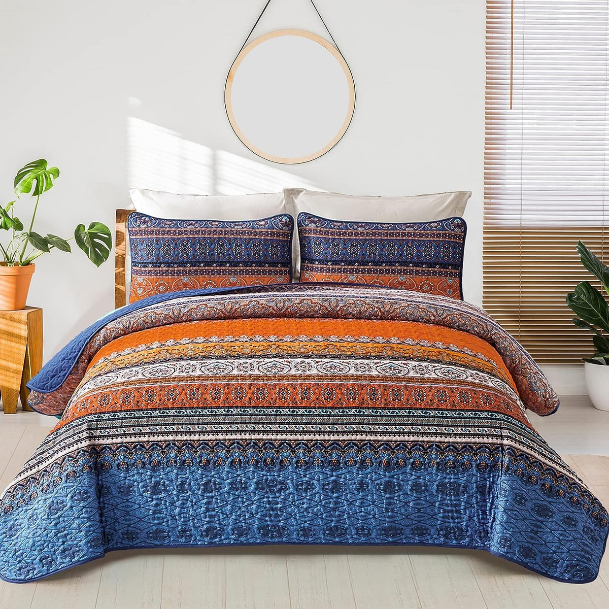 WONGS BEDDING Boho King Quilt Bedding Set, 3 Pieces Soft Bedspread,Blue