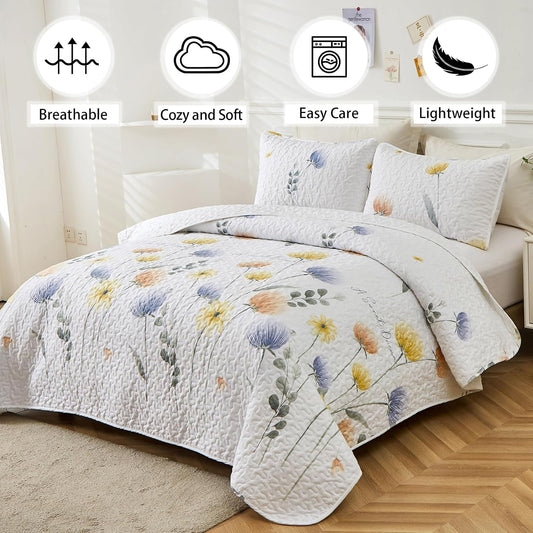 Dinjoy Floral Quilt Set Queen Colorful Flower Bedspreads with 2 Pillowcases