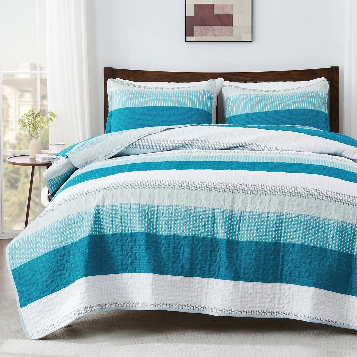 Andency Queen Quilt Bedding Set Sage Green, 3 Pieces Striped Bedspreads
