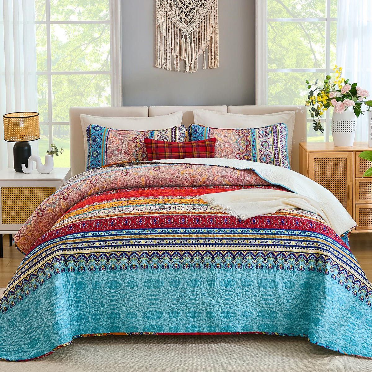 WONGS BEDDING Quilt Set King Size, Boho Stripe Bedding Set, Blue Red