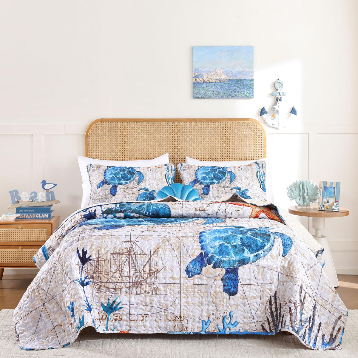 weigelia Coastal Quilt Queen Size, Sea Turtle Lightweight Summer Bedding