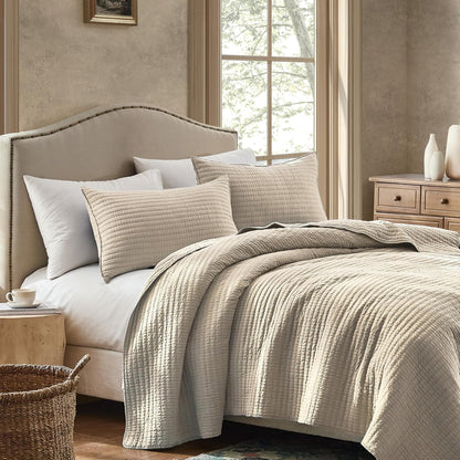 WDCOZY 100% Cotton King Size Quilt Set, Channel Pick Stitch, Beige Flax