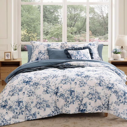 BLOOMHAVEN Queen Comforter Set-7 Pieces Blue Floral Bed in a Bag Queen