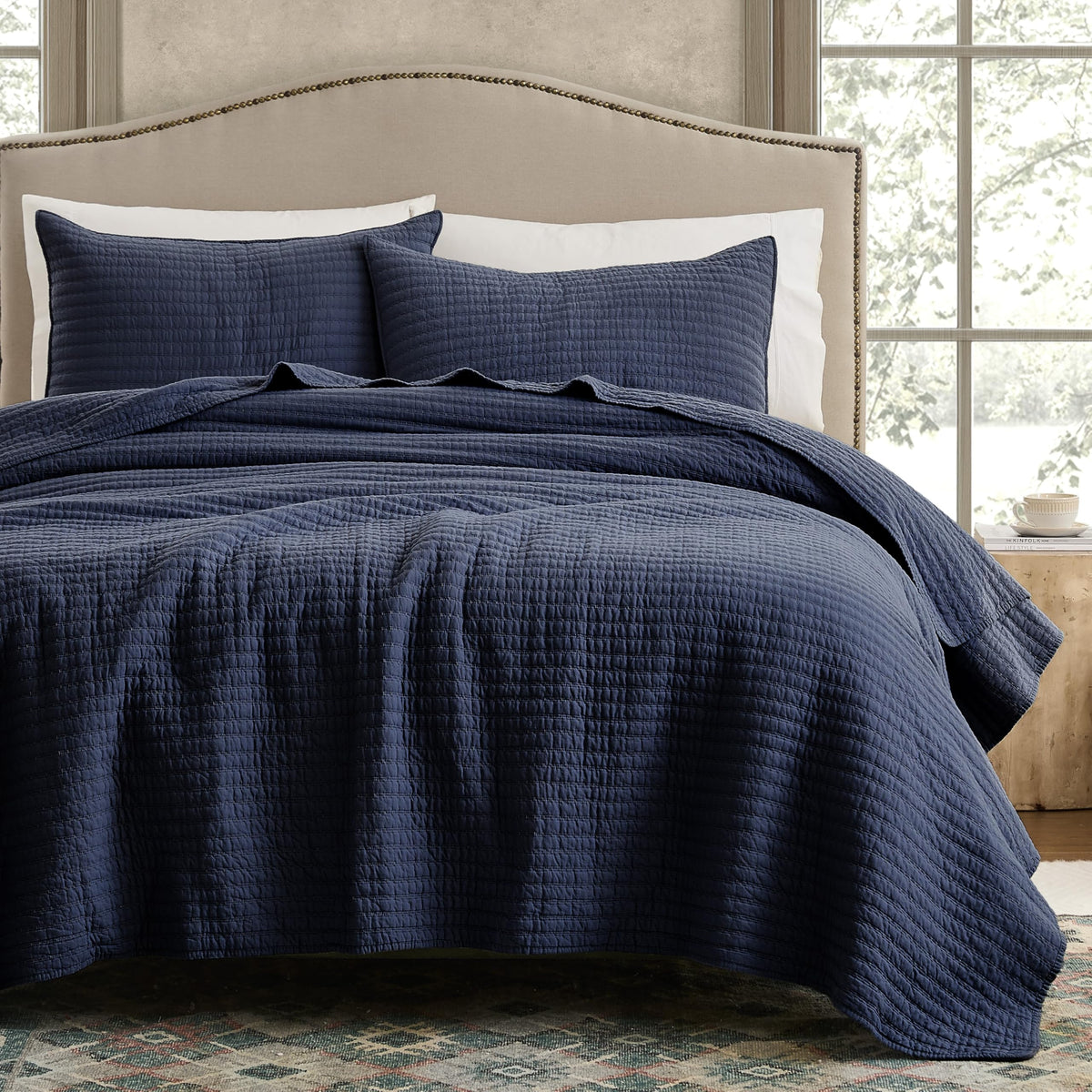 WDCOZY 100% Cotton King Size Quilt Set, Channel Pick Stitch, Beige Flax