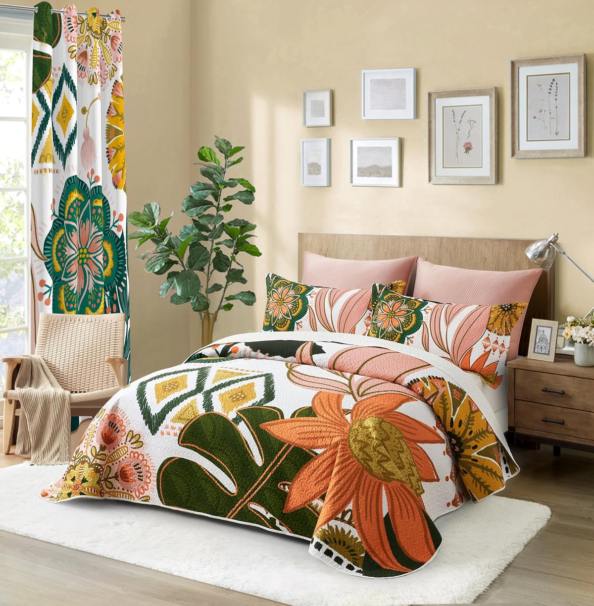 Tyrot 3 Piece Boho Floral Full/Queen Quilt Bedding Sets