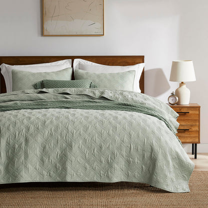 WDCOZY 100% Cotton Queen Size Quilt Set - Olive Green Pre-Washed Soft Lightweight Modern Bedspread, Farmhouse Country Rustic Coverlet, Textured Like Linen, Shabby Chic Gauze Bedding, 3 Pieces
