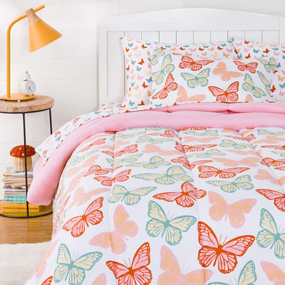 Amazon Basics 5-Piece Soft, Easy-Wash Microfiber Kid's Bed-in-a-Bag Bedding Set with Sheet and Comforter, Twin, Bluish Flowers