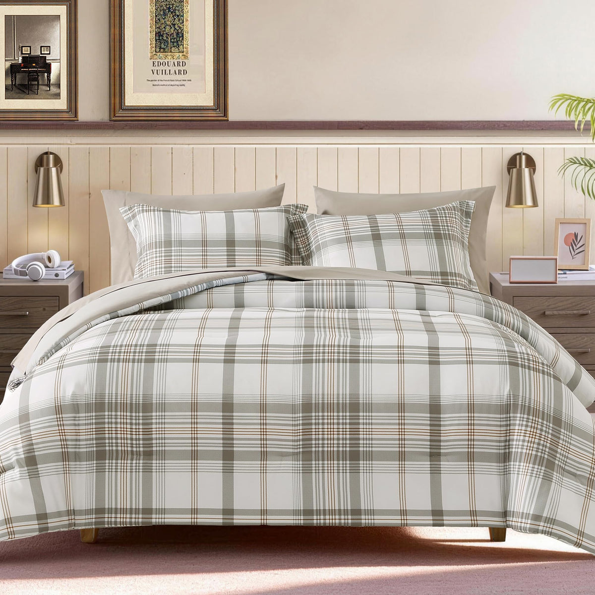 Plaid Full Size Comforter Set Blue Grey 7 Pieces Farmhouse Bed in a Bag