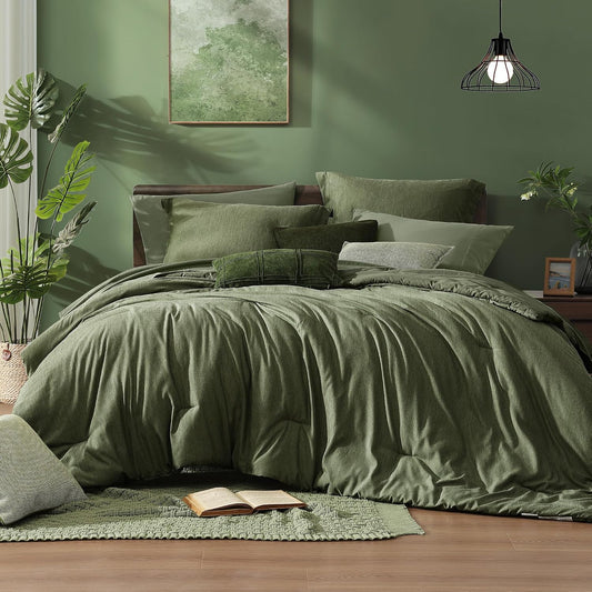 Monbix King Size Comforter Set Olive Green 7 Pieces Bed in a Bag