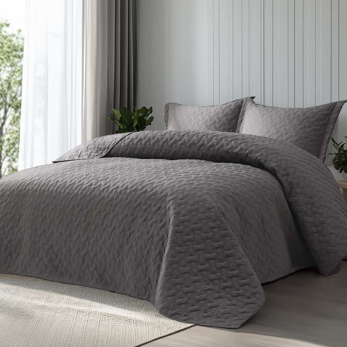 Bedsure Quilts Queen Size - Grey Bedspreads Queen Size with Basket Weave Pattern, Soft Quilt Bedding Set, Lightweight Comforter Set Coverlet for All Seasons with 2 Pillow Shams (90" x 96")