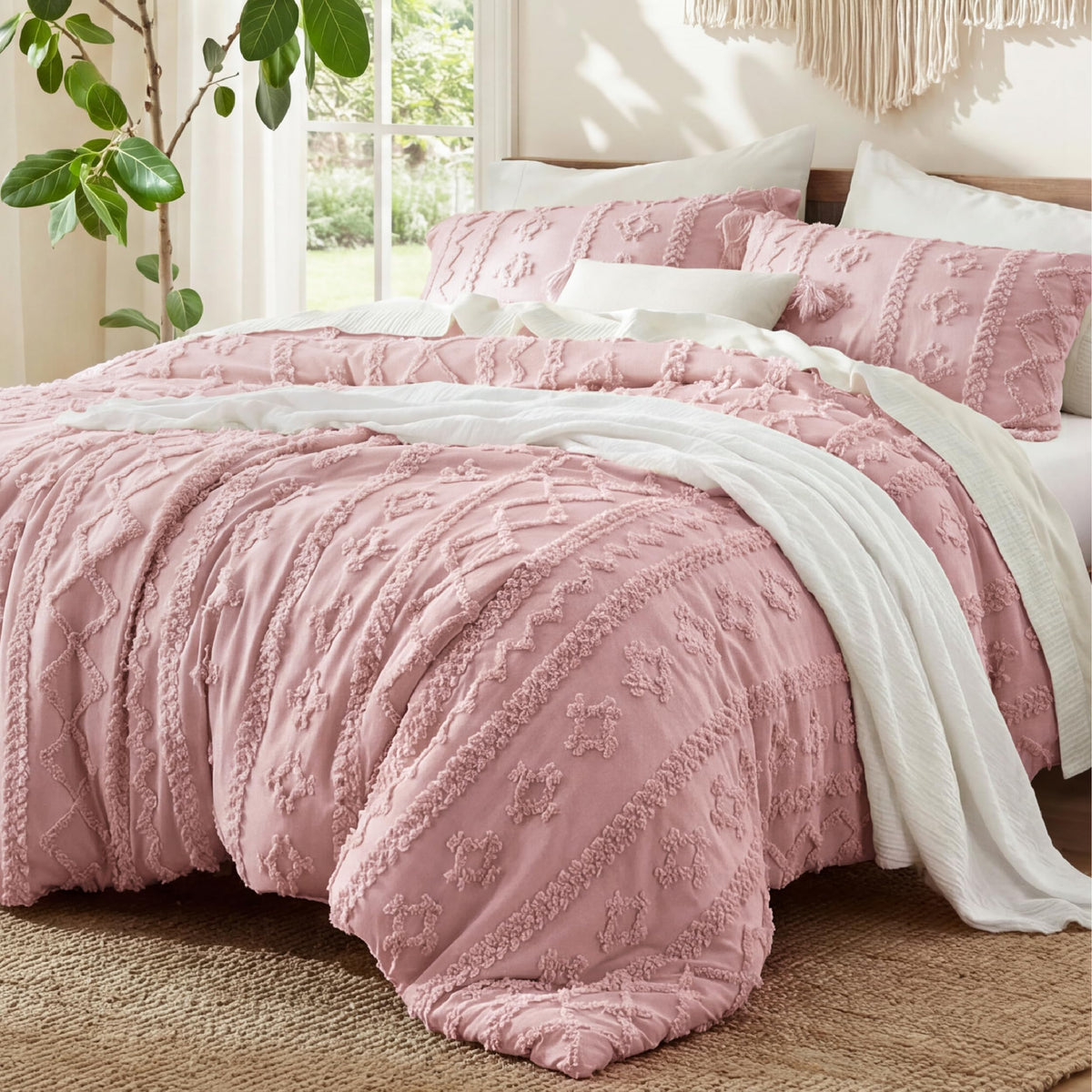Bedsure Tufted Boho Comforter Set Queen, Bedroom Decor Bedding Set Beige