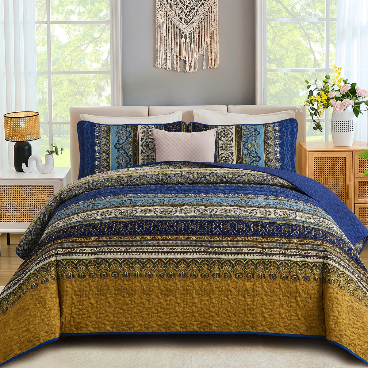 WONGS BEDDING Quilt Set King Size, Boho Stripe Bedding Set, Blue Red