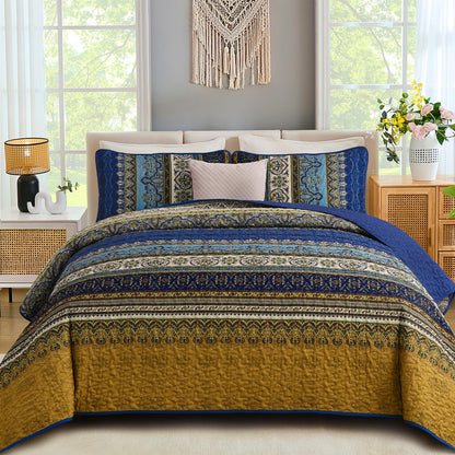 WONGS BEDDING Quilt Set King Size, Boho Stripe Bedding Set, Blue Red