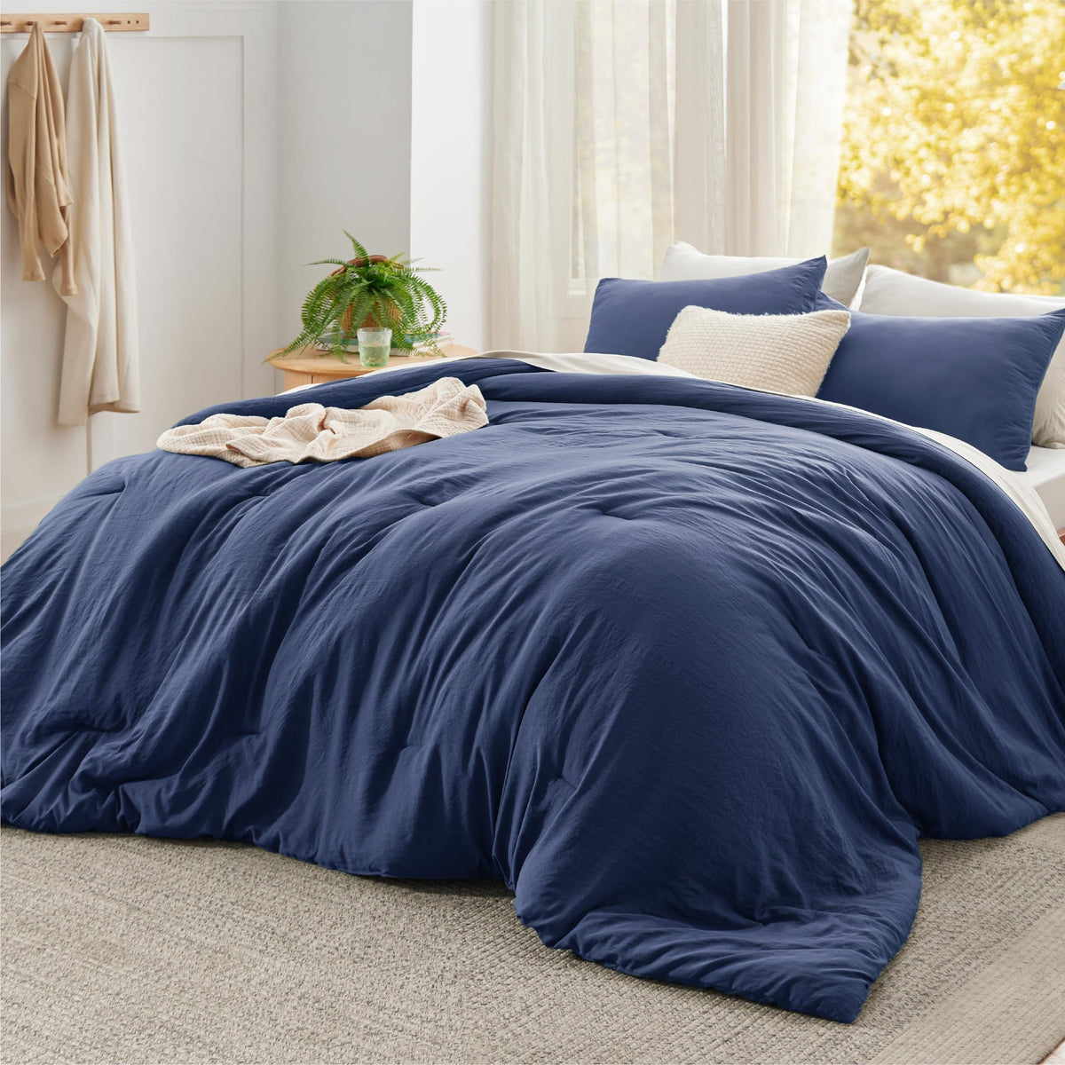 Bedsure Queen Comforter Set Prewashed Soft Bedding Set 3Pcs Beige 90"x90"